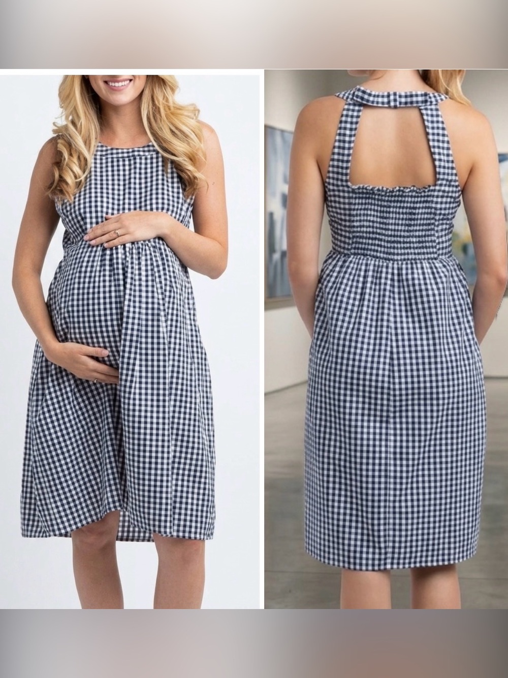 NOM Molly Gingham Navy Blue White Maternity Dress Women size M Cotton Pockets